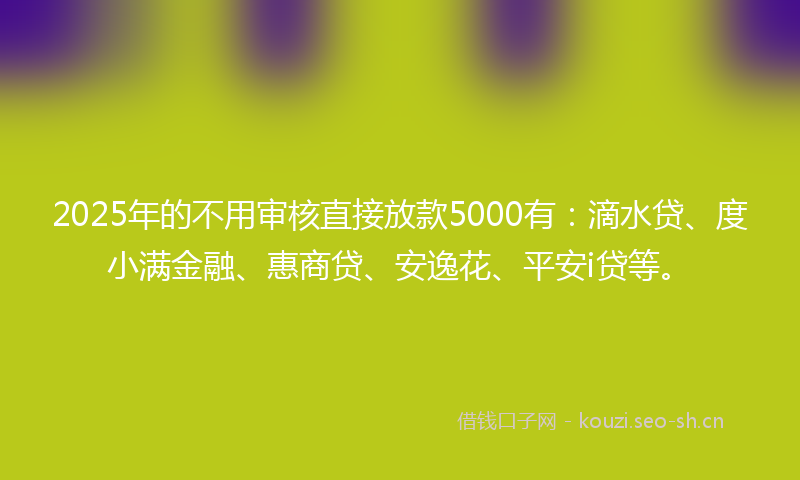 2025年的不用审核直接放款5000有：滴水贷、度小满金融、惠商贷、安逸花、平安i贷等。