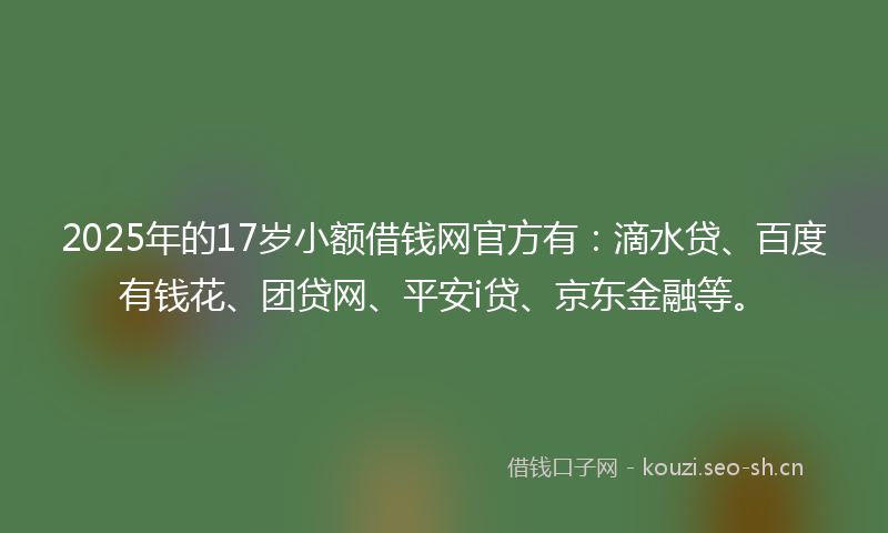 2025年的17岁小额借钱网官方有：滴水贷、百度有钱花、团贷网、平安i贷、京东金融等。
