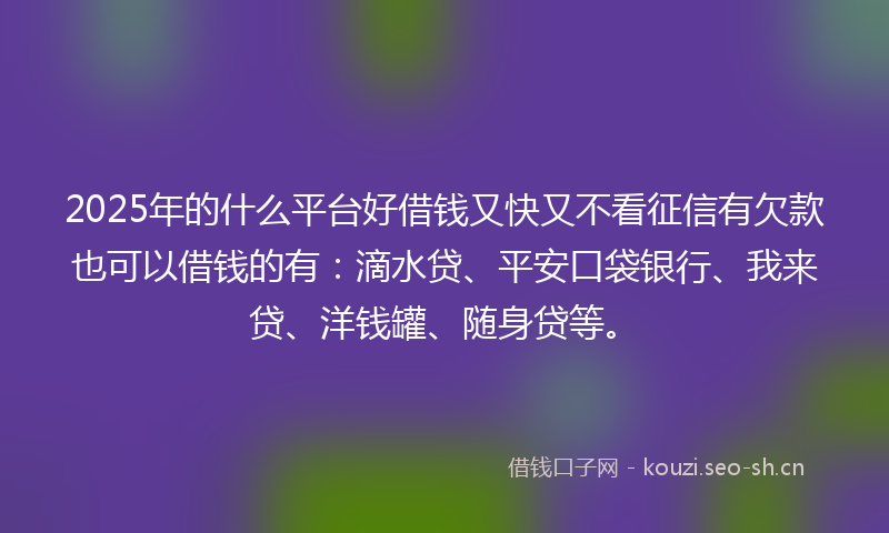 2025年的什么平台好借钱又快又不看征信有欠款也可以借钱的有：滴水贷、平安口袋银行、我来贷、洋钱罐、随身贷等。