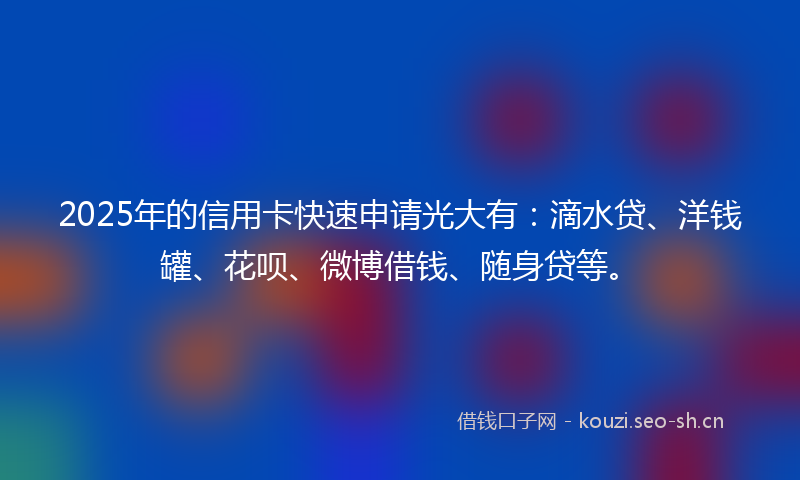 2025年的信用卡快速申请光大有：滴水贷、洋钱罐、花呗、微博借钱、随身贷等。