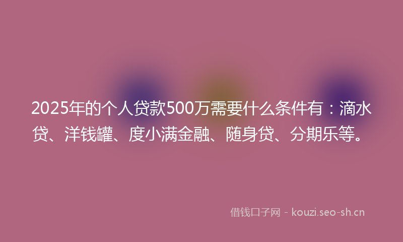 2025年的个人贷款500万需要什么条件有：滴水贷、洋钱罐、度小满金融、随身贷、分期乐等。