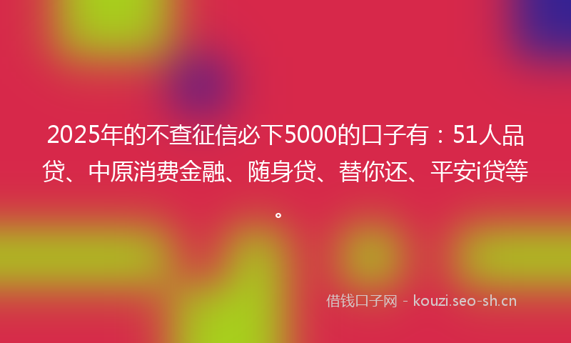 2025年的不查征信必下5000的口子有：51人品贷、中原消费金融、随身贷、替你还、平安i贷等。
