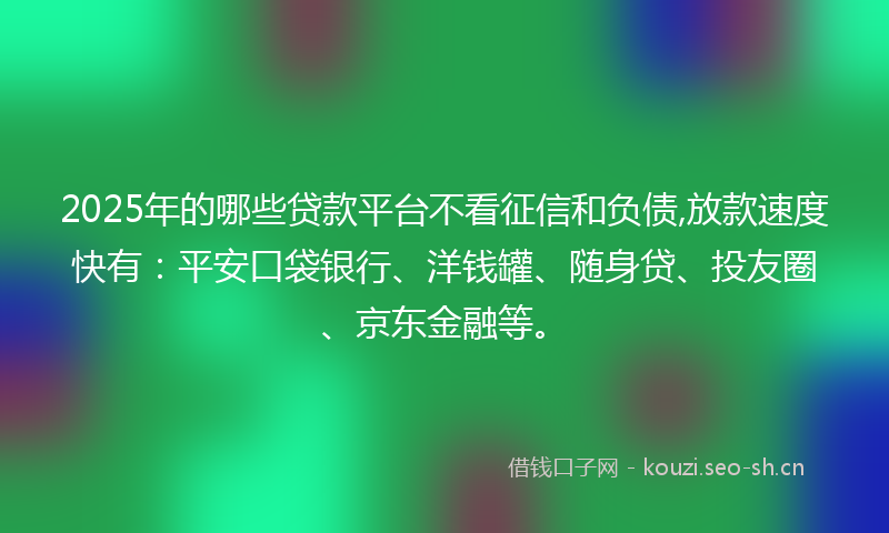 2025年的哪些贷款平台不看征信和负债,放款速度快有：平安口袋银行、洋钱罐、随身贷、投友圈、京东金融等。