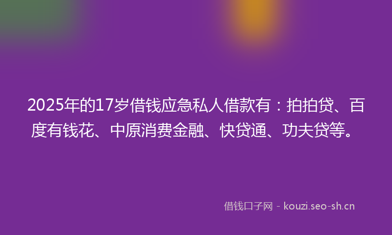 2025年的17岁借钱应急私人借款有：拍拍贷、百度有钱花、中原消费金融、快贷通、功夫贷等。