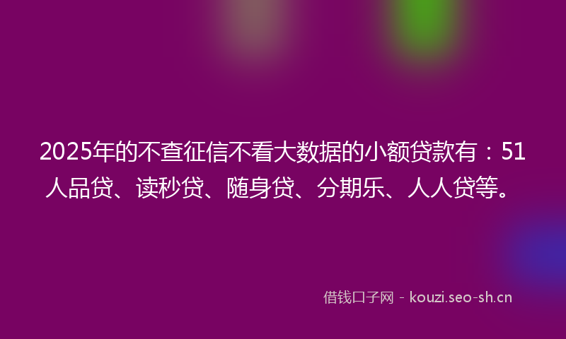 2025年的不查征信不看大数据的小额贷款有：51人品贷、读秒贷、随身贷、分期乐、人人贷等。