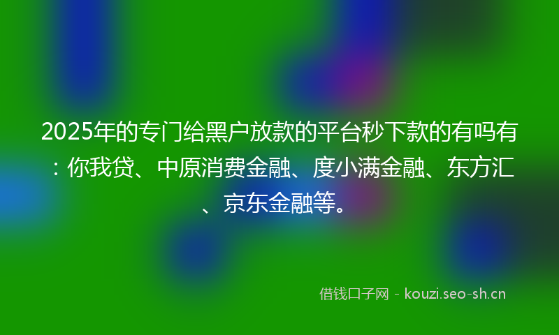 2025年的专门给黑户放款的平台秒下款的有吗有：你我贷、中原消费金融、度小满金融、东方汇、京东金融等。