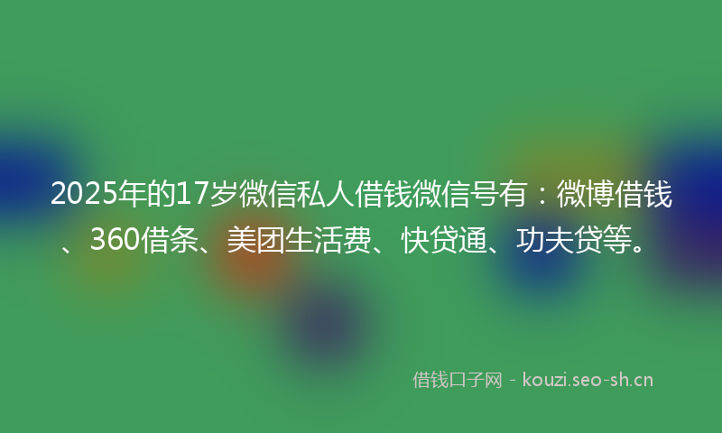 2025年的17岁微信私人借钱微信号有：微博借钱、360借条、美团生活费、快贷通、功夫贷等。