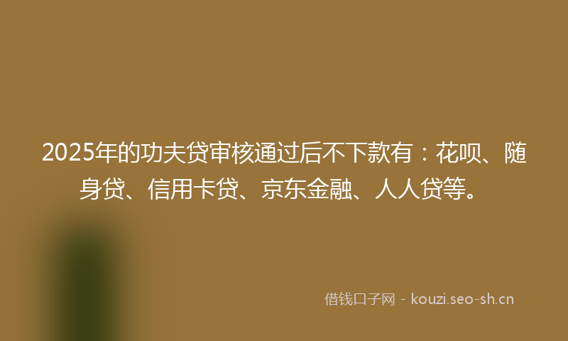 2025年的功夫贷审核通过后不下款有：花呗、随身贷、信用卡贷、京东金融、人人贷等。
