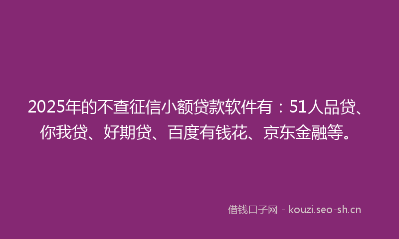 2025年的不查征信小额贷款软件有：51人品贷、你我贷、好期贷、百度有钱花、京东金融等。