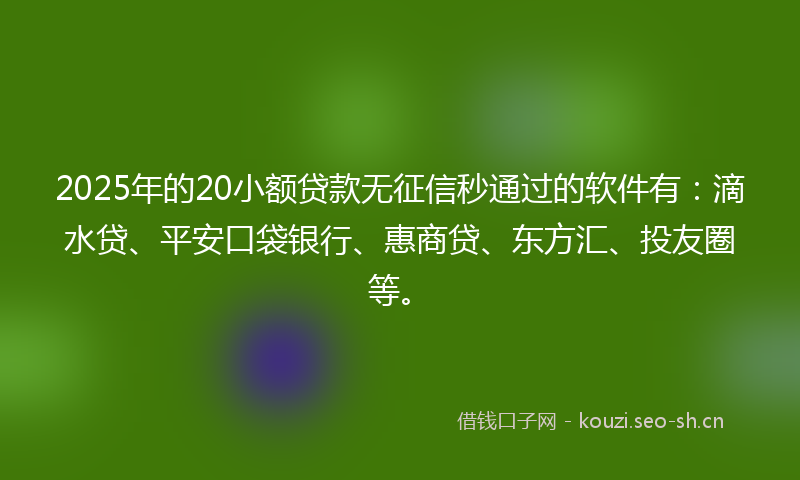 2025年的20小额贷款无征信秒通过的软件有：滴水贷、平安口袋银行、惠商贷、东方汇、投友圈等。