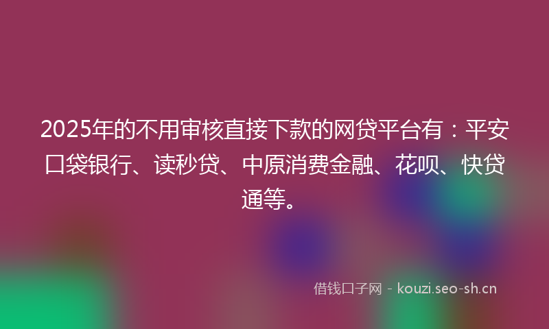 2025年的不用审核直接下款的网贷平台有：平安口袋银行、读秒贷、中原消费金融、花呗、快贷通等。