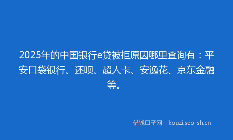 2025年的中国银行e贷被拒原因哪里查询有：平安口袋银行、还呗、超人卡、安逸花、京东金融等。