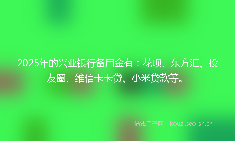 2025年的兴业银行备用金有：花呗、东方汇、投友圈、维信卡卡贷、小米贷款等。