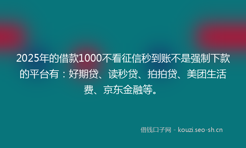 2025年的借款1000不看征信秒到账不是强制下款的平台有：好期贷、读秒贷、拍拍贷、美团生活费、京东金融等。