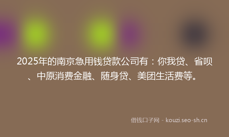2025年的南京急用钱贷款公司有：你我贷、省呗、中原消费金融、随身贷、美团生活费等。