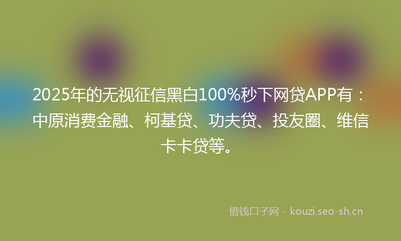 2025年的无视征信黑白100%秒下网贷APP有：中原消费金融、柯基贷、功夫贷、投友圈、维信卡卡贷等。