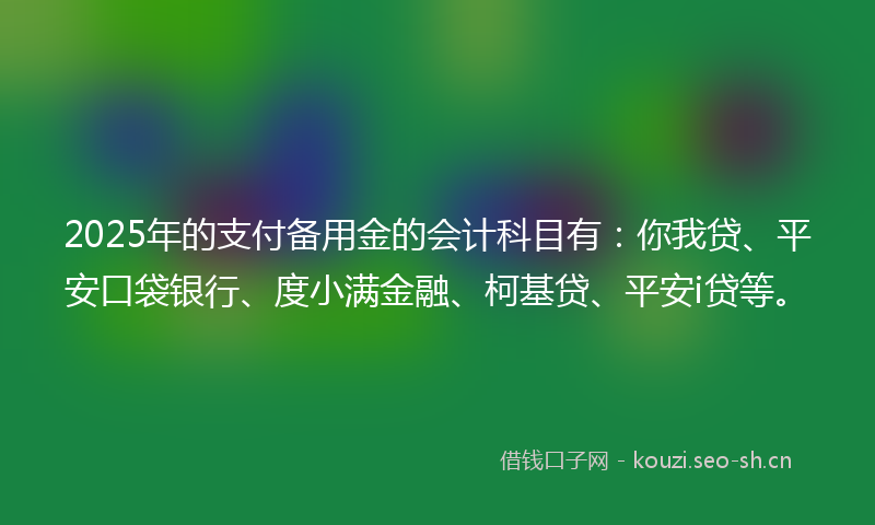 2025年的支付备用金的会计科目有：你我贷、平安口袋银行、度小满金融、柯基贷、平安i贷等。