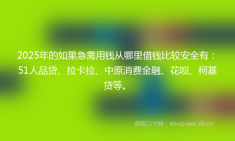 2025年的如果急需用钱从哪里借钱比较安全有：51人品贷、拉卡拉、中原消费金融、花呗、柯基贷等。