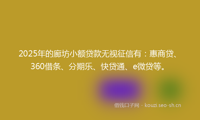 2025年的廊坊小额贷款无视征信有：惠商贷、360借条、分期乐、快贷通、e微贷等。