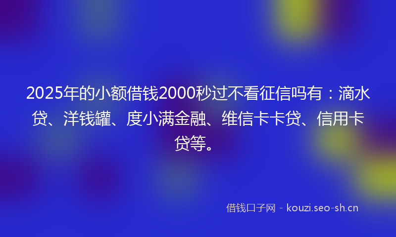 2025年的小额借钱2000秒过不看征信吗有：滴水贷、洋钱罐、度小满金融、维信卡卡贷、信用卡贷等。