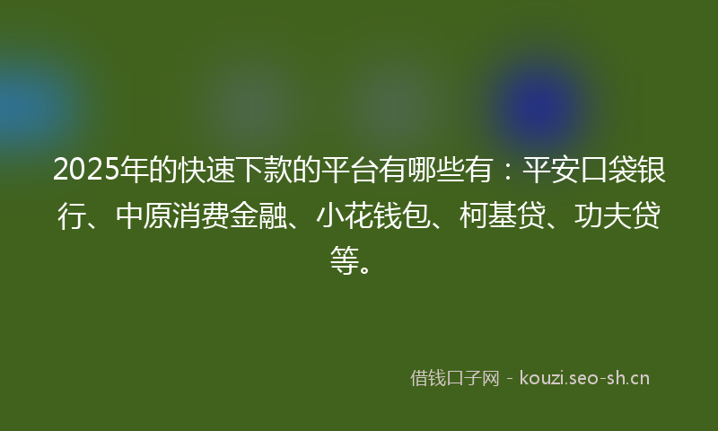 2025年的快速下款的平台有哪些有：平安口袋银行、中原消费金融、小花钱包、柯基贷、功夫贷等。