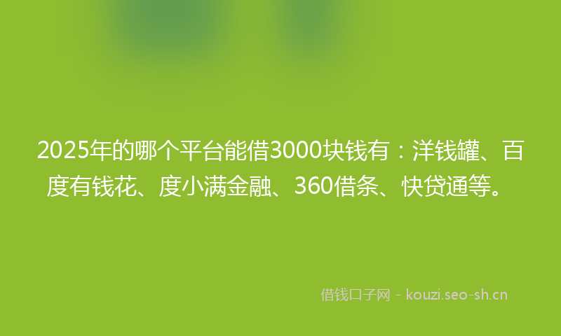 2025年的哪个平台能借3000块钱有：洋钱罐、百度有钱花、度小满金融、360借条、快贷通等。