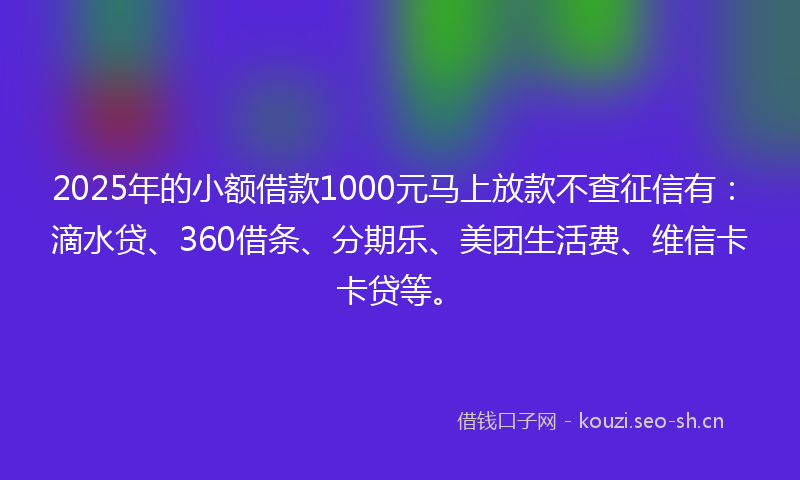 2025年的小额借款1000元马上放款不查征信有：滴水贷、360借条、分期乐、美团生活费、维信卡卡贷等。