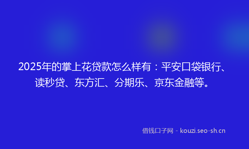 2025年的掌上花贷款怎么样有:平安口袋银行、读秒贷、东方汇、分期乐、京东金融等。