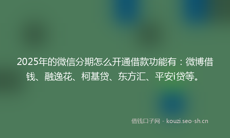 2025年的微信分期怎么开通借款功能有：微博借钱、融逸花、柯基贷、东方汇、平安i贷等。