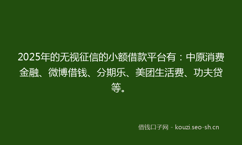 2025年的无视征信的小额借款平台有：中原消费金融、微博借钱、分期乐、美团生活费、功夫贷等。