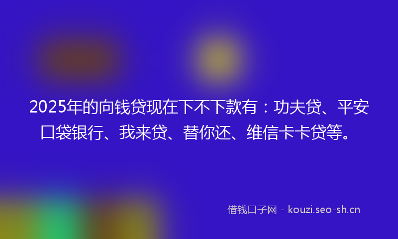 2025年的向钱贷现在下不下款有:功夫贷、平安口袋银行、我来贷、替你还、维信卡卡贷等。