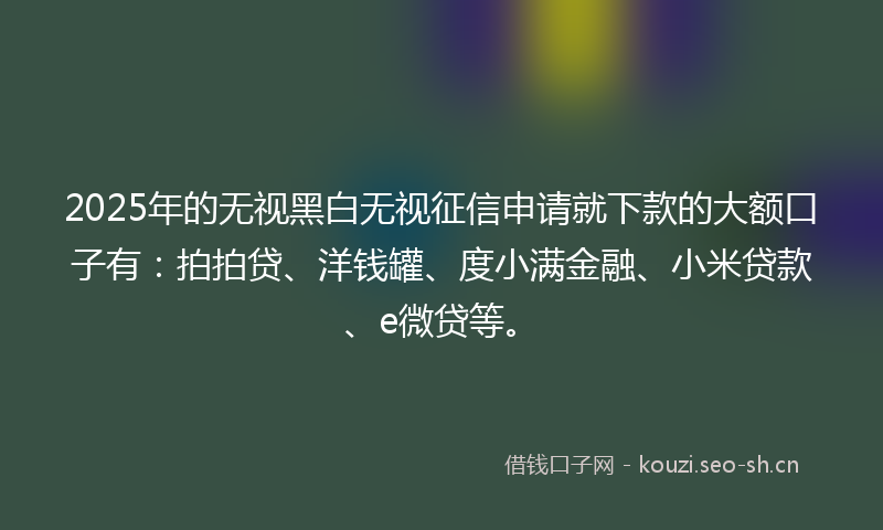 2025年的无视黑白无视征信申请就下款的大额口子有：拍拍贷、洋钱罐、度小满金融、小米贷款、e微贷等。