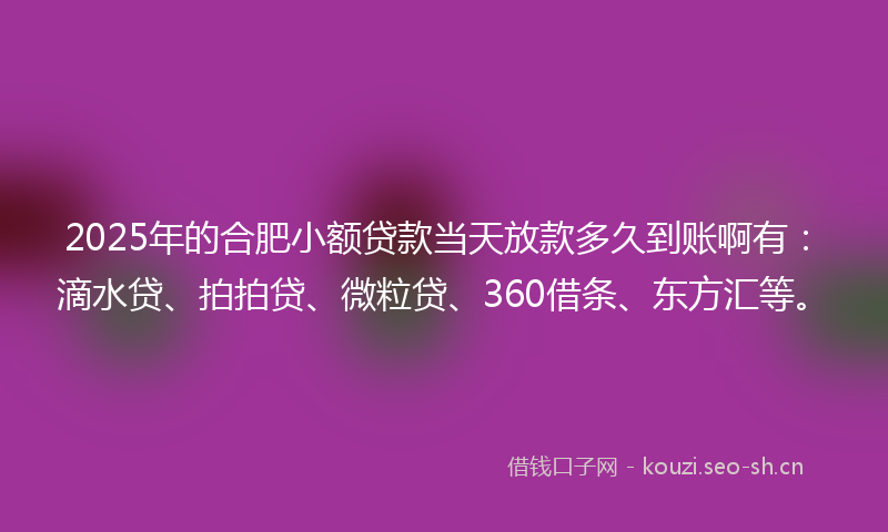2025年的合肥小额贷款当天放款多久到账啊有：滴水贷、拍拍贷、微粒贷、360借条、东方汇等。