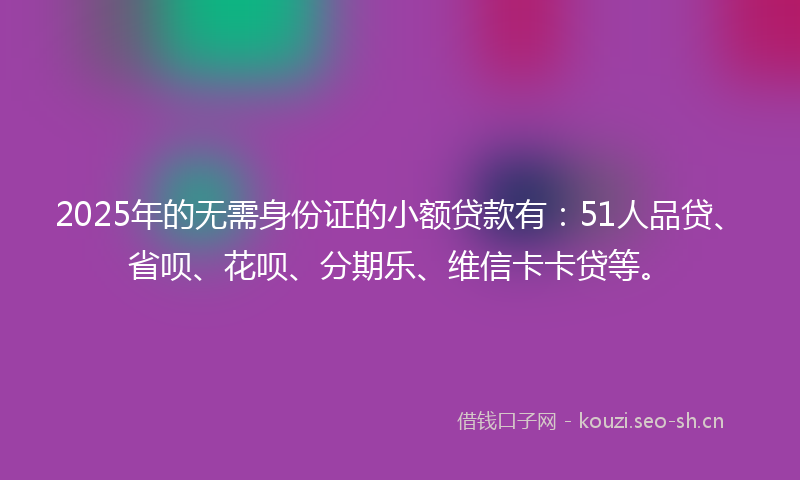 2025年的无需身份证的小额贷款有：51人品贷、省呗、花呗、分期乐、维信卡卡贷等。