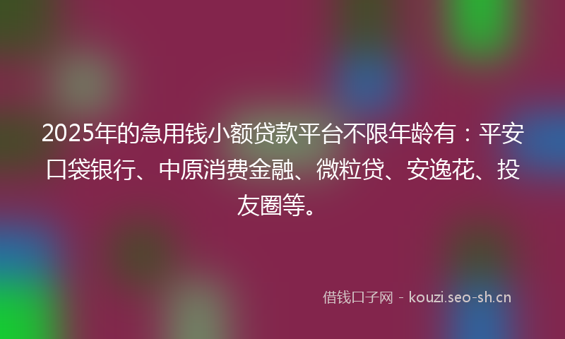 2025年的急用钱小额贷款平台不限年龄有：平安口袋银行、中原消费金融、微粒贷、安逸花、投友圈等。