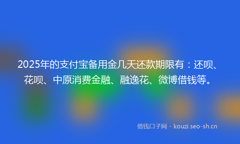 2025年的支付宝备用金几天还款期限有：还呗、花呗、中原消费金融、融逸花、微博借钱等。