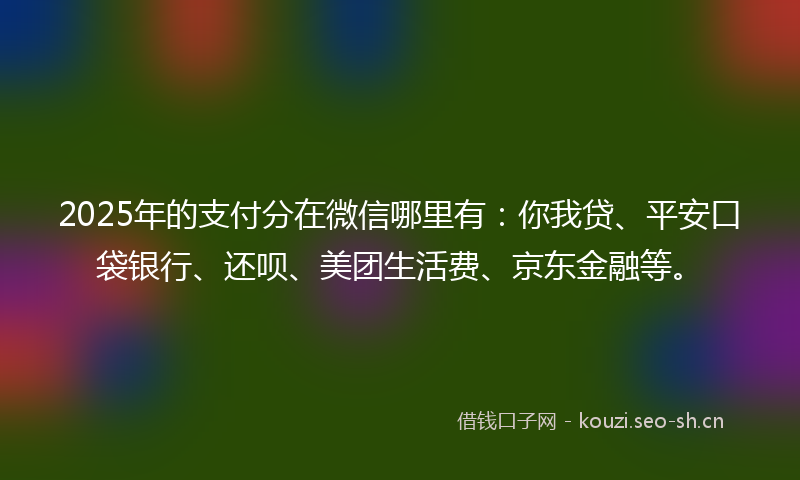 2025年的支付分在微信哪里有：你我贷、平安口袋银行、还呗、美团生活费、京东金融等。