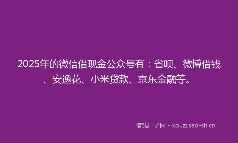 2025年的微信借现金公众号有：省呗、微博借钱、安逸花、小米贷款、京东金融等。