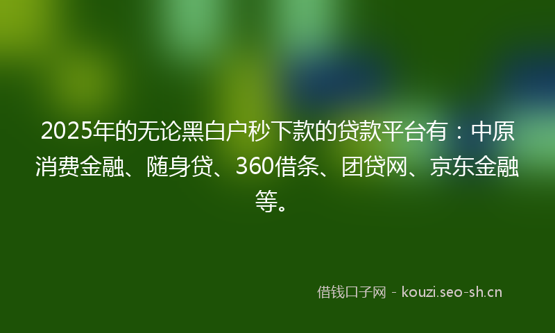 2025年的无论黑白户秒下款的贷款平台有：中原消费金融、随身贷、360借条、团贷网、京东金融等。