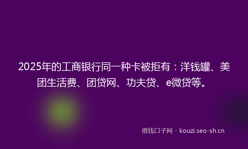 2025年的工商银行同一种卡被拒有：洋钱罐、美团生活费、团贷网、功夫贷、e微贷等。