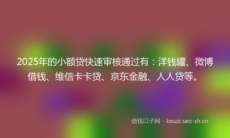 2025年的小额贷快速审核通过有：洋钱罐、微博借钱、维信卡卡贷、京东金融、人人贷等。