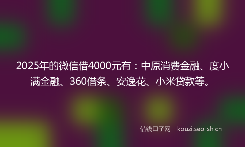 2025年的微信借4000元有：中原消费金融、度小满金融、360借条、安逸花、小米贷款等。