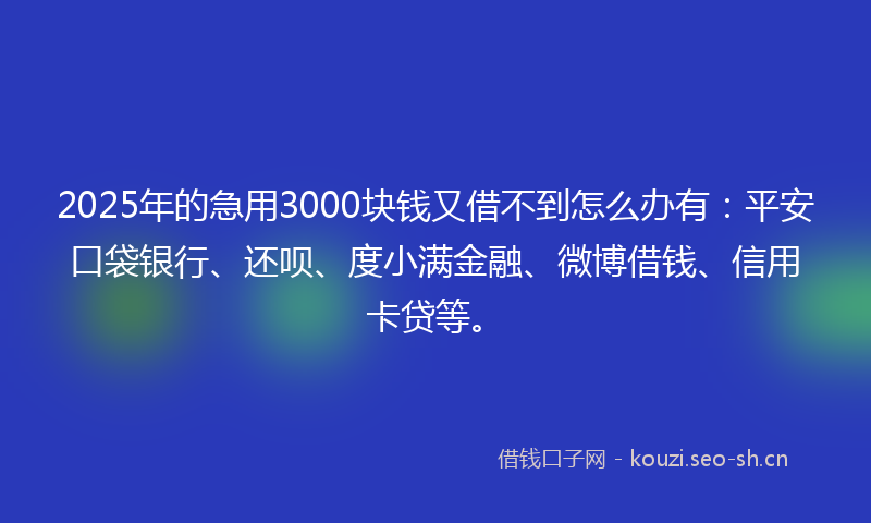 2025年的急用3000块钱又借不到怎么办有：平安口袋银行、还呗、度小满金融、微博借钱、信用卡贷等。
