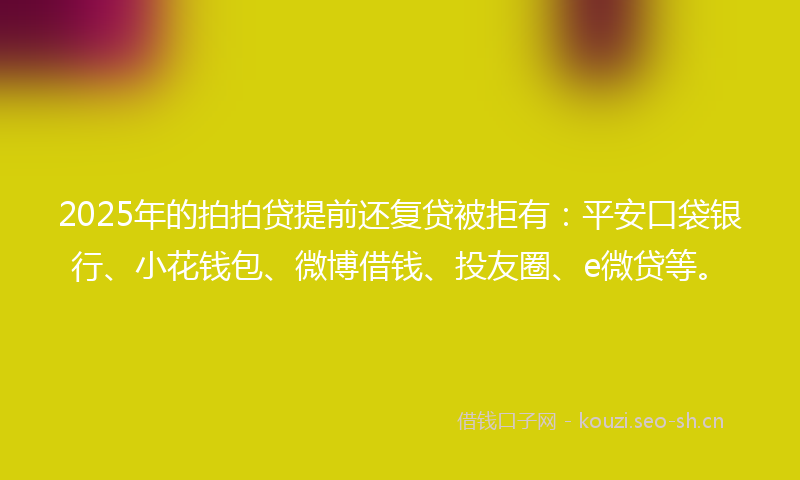 2025年的拍拍贷提前还复贷被拒有：平安口袋银行、小花钱包、微博借钱、投友圈、e微贷等。