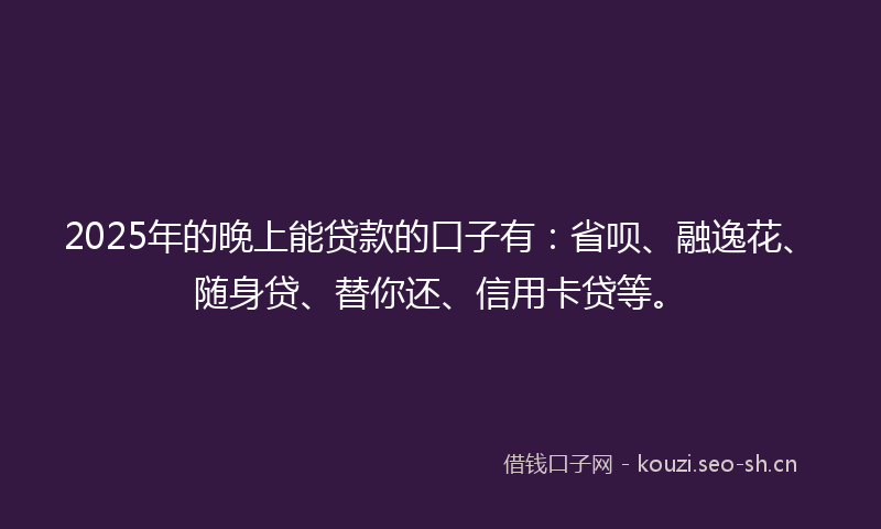 2025年的晚上能贷款的口子有：省呗、融逸花、随身贷、替你还、信用卡贷等。