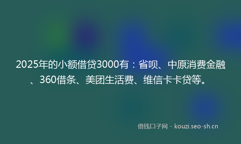 2025年的小额借贷3000有：省呗、中原消费金融、360借条、美团生活费、维信卡卡贷等。