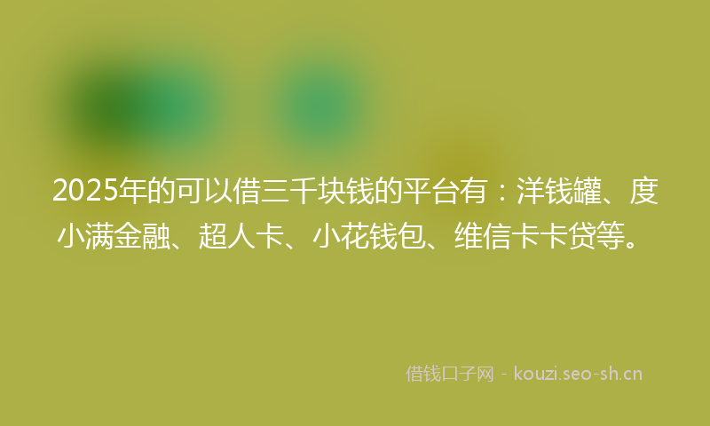 2025年的可以借三千块钱的平台有：洋钱罐、度小满金融、超人卡、小花钱包、维信卡卡贷等。