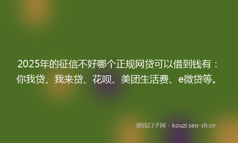 2025年的征信不好哪个正规网贷可以借到钱有：你我贷、我来贷、花呗、美团生活费、e微贷等。