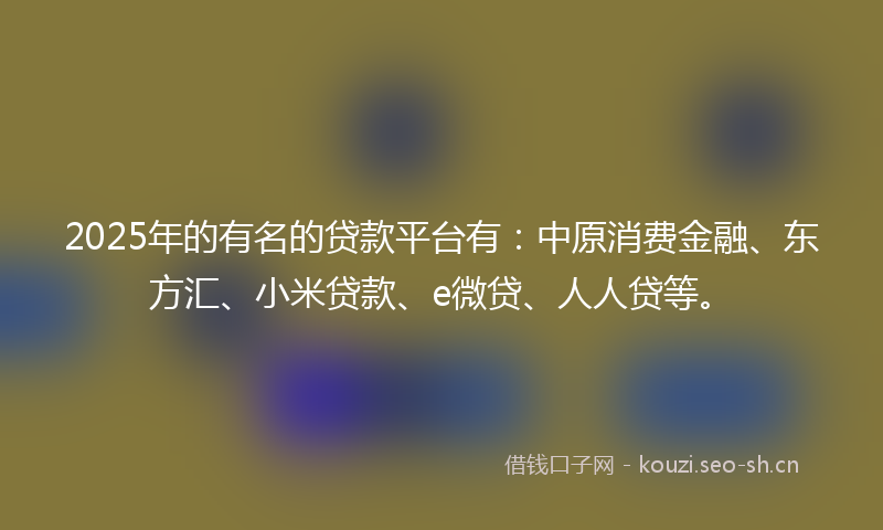 2025年的有名的贷款平台有：中原消费金融、东方汇、小米贷款、e微贷、人人贷等。