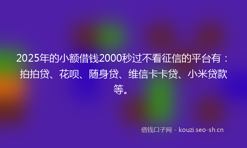 2025年的小额借钱2000秒过不看征信的平台有：拍拍贷、花呗、随身贷、维信卡卡贷、小米贷款等。